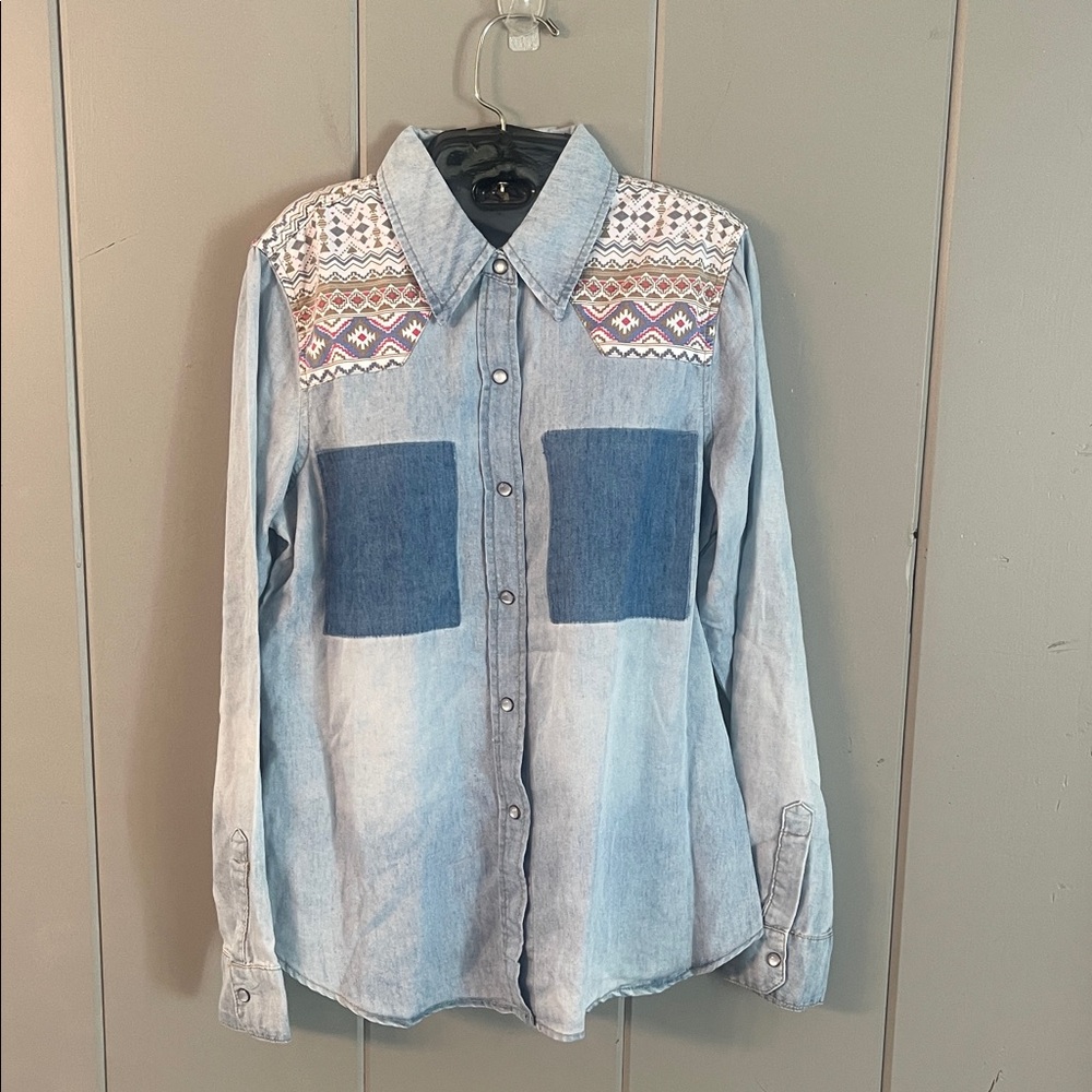NWT Litz Shirt Western Cowgirl Blue Chambray   Patchwork Large Festival Coastal
